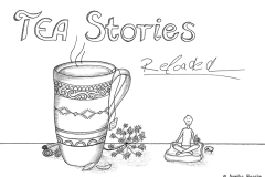Comic von einer Teetasse, darüber der Titel "TEA Stories Reloaded", daneben eine kleine Comicfigur im Schneidersitz - Copyright: Annika Baacke