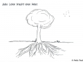Kleine Comicfigur, die auf dem Boden sitzt und an einem Baum lehnt - Copyright: Annika Baacke