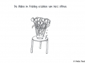 Blumenvase mit Tulpen mit kleiner Comicfigur, die zu den Blumen hinauf blickt - Copyright: Annika Baacke