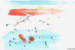 Comicfigur fliegt mit Drachen vor buntem Horizont - Copyright: Annika Baacke