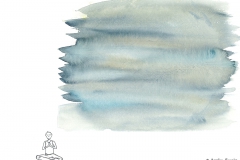 Comicfigur in Meditation, darüber blaue Aquarellfarbe - Copyright: Annika Baacke