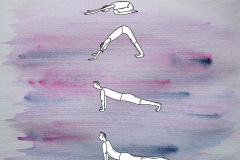 Comicfigur vor Aquarellhintergrund in vier verschiedenen Yoga Asanas - Copyright: Annika Baacke