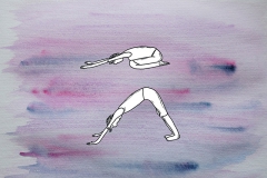 Comicfigur vor Aquarellhintergrund in zwei verschiedenen Yoga Asanas - Copyright: Annika Baacke