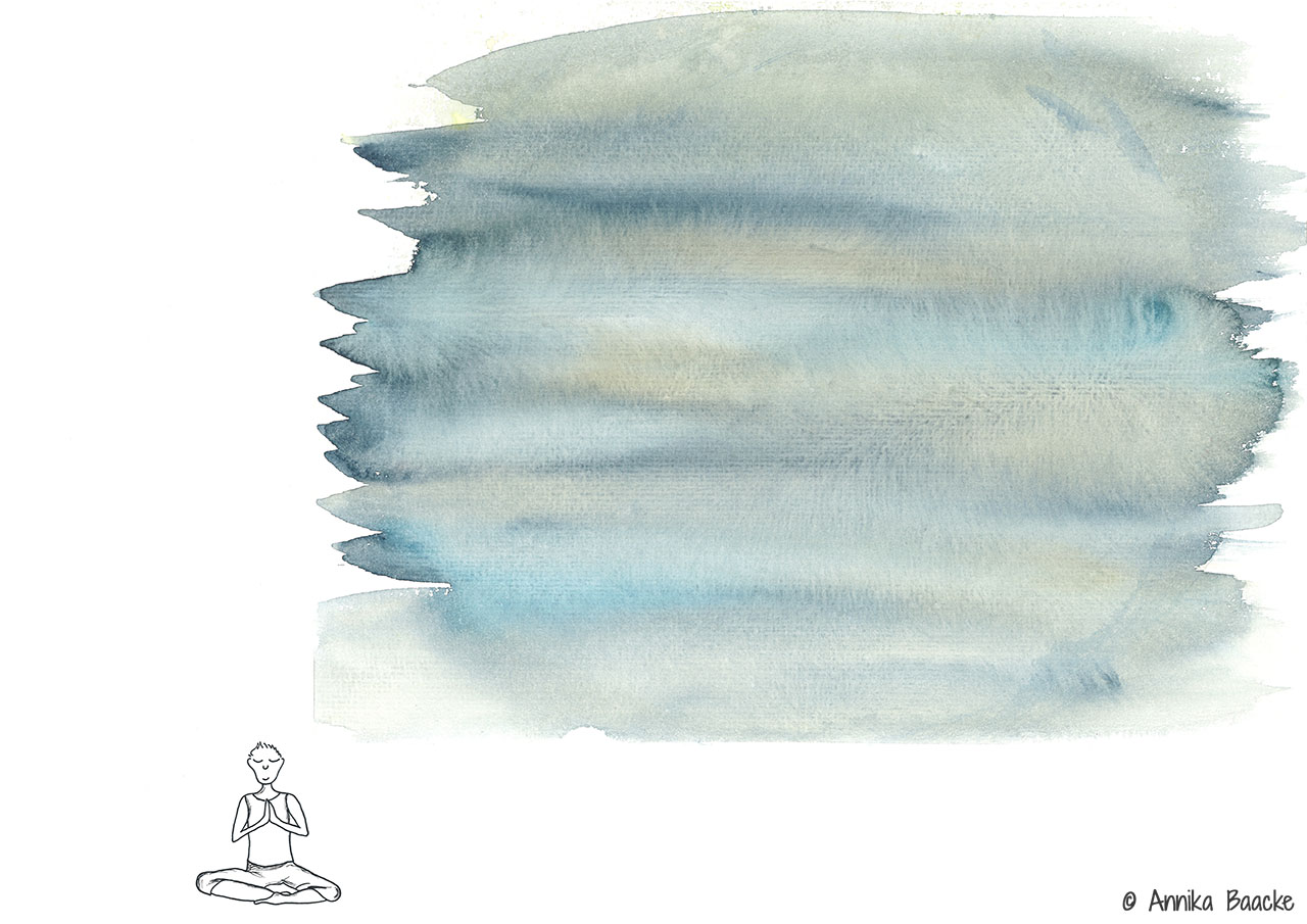 Comicfigur in Meditation, darüber blaue Aquarellfarbe - Copyright: Annika Baacke