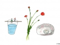 Comicfigur sitztend auf einem Wasserglas, daneben Blumen und Kerze - Copyright: Annika Baacke