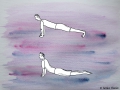 Comicfigur vor Aquarellhintergrund in zwei verschiedenen Yoga Asanas - Copyright: Annika Baacke