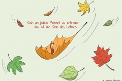 Zeichnung von bunten heruntersegelnden Blättern, in der Mitte eine kleine Comicfigur auf einem fliegenden Blatt - Copyright: Annika Baacke