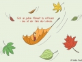 Zeichnung von bunten heruntersegelnden Blättern, in der Mitte eine kleine Comicfigur auf einem fliegenden Blatt - Copyright: Annika Baacke