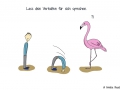 Comicfigur, die den Kopf in den Sand steckt, daneben ein Flamingo mit Fragezeichen über dem Kopf - Copyright: Annika Baacke