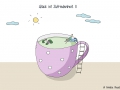 Kleine Comicfigur sitzt am Rand einer Teetasse, die wie ein Swimming pool oder Teich aussieht - Copyright: Annika Baacke