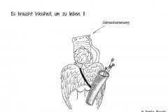 Illustration Amor von hinten mit seinen Pfeilen auf dem Rücken und den Blick in eine Gebrauchsanweisung zum Thema Liebe - Copyright: Annika Baacke