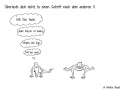 Zwei Comicfiguren beim Yoga, die eine guckt zur anderen und möchte die Haltung genauso gut können - Copyright: Annika Baacke