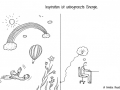 Illustration zum Thema Inspiration. Auf der linken Seite Phantasiewelt, auf der rechten Seite Comicfigur am Schreibtisch, die diese Ideen verwirklicht - Copyright: Annika Baacke