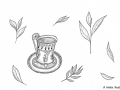 Illustration einer verzierten Teetasse umgeben von Teeblättern - Copyright: Annika Baacke