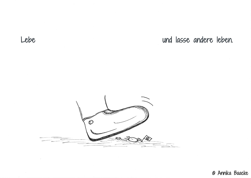 Comic von zwei kleinen Spinnen, die fast von einem Schuh zertreten werden - Copyright: Annika Baacke