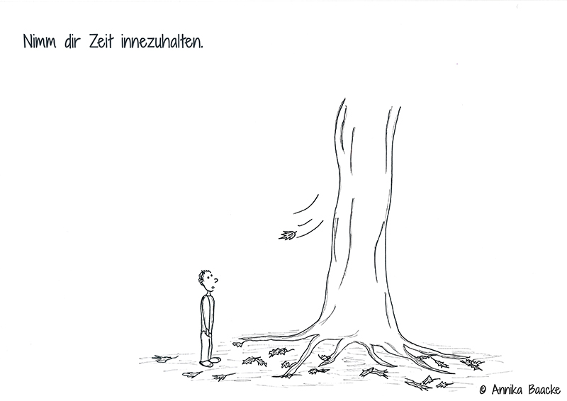 Comicfigur, die an einem Baum steht und den fallenden Blättern zuguckt - Copyright: Annika Baacke