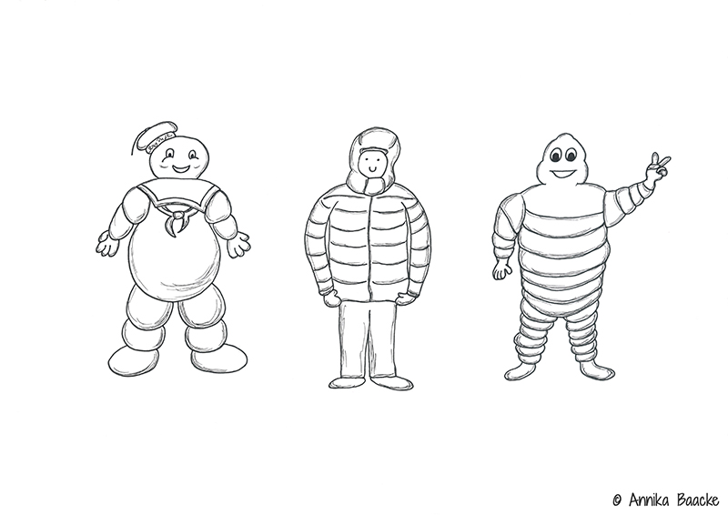Comicfigur mit dicker Winterjacke neben Marshmallow Man und dem Michelin Männchen - Copyright: Annika Baacke