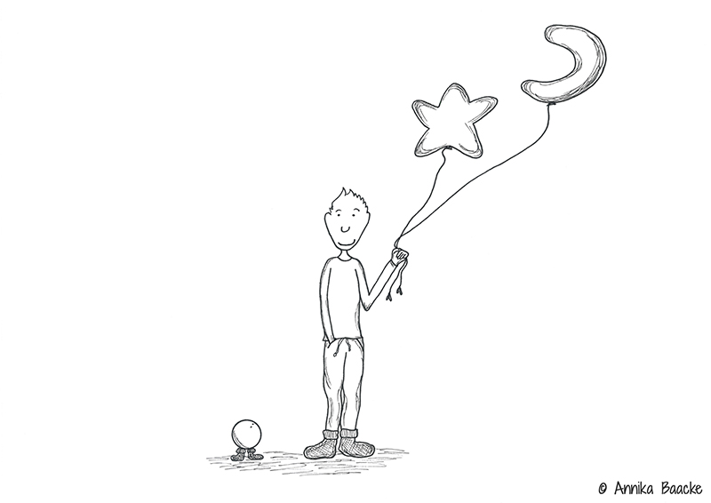 Comicfigur mit warmen Socken und einem Mond und Stern Luftballon in der Hand - Copyright: Annika Baacke