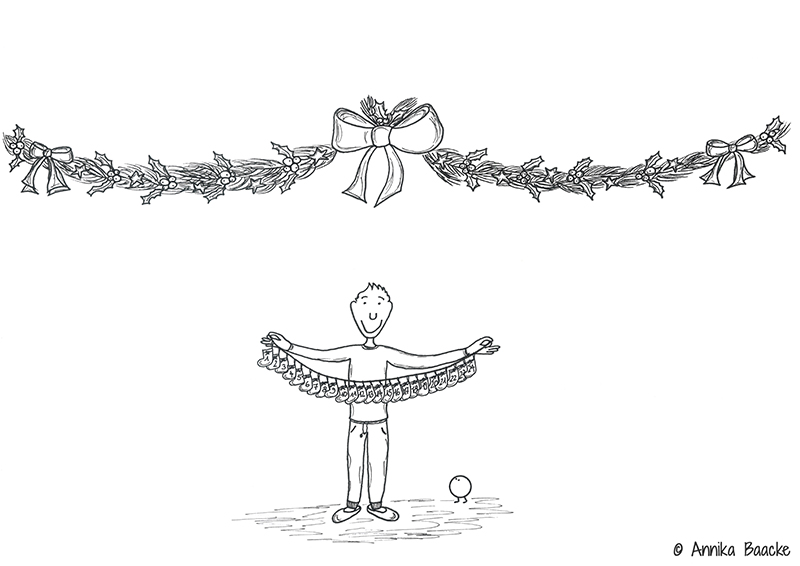 Comicfigur unter einer Weihnachtsgirlande mit Adventskalender in den Händen - Copyright: Annika Baacke