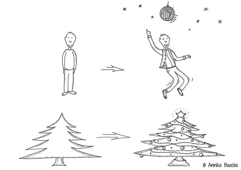 Comicfigur und Weihnachtsbaum im Weihnachtsoutfit - Copyright: Annika Baacke