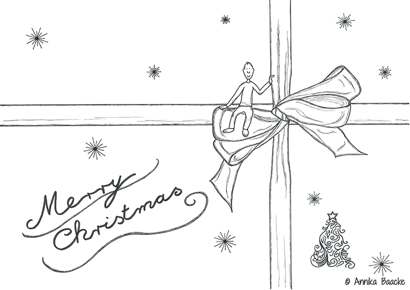 Zeichnung von einem Weihnachtsgeschenk mit der Aufschrift "Merry Christmas" - Copyright: Annika Baacke