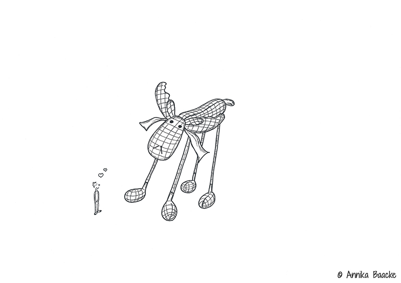 Zeichnung von einer kleinen Comicfigur, die verliebt vor einem Plüschtierelch steht - Copyright: Annika Baacke